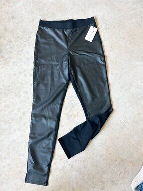 Utopia Black Faux Leather Front Leggings Knit Back Medium NEW NWT